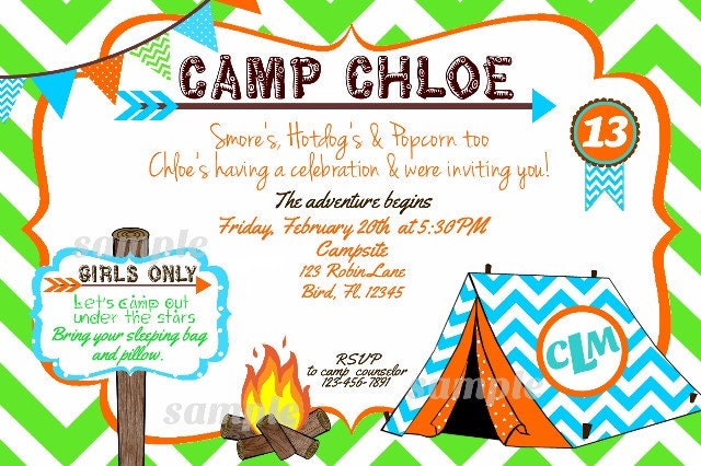 Camping Invitation Chevron Tent Camp Bunting Invite Birthday Printable bonfire green teal orange brown