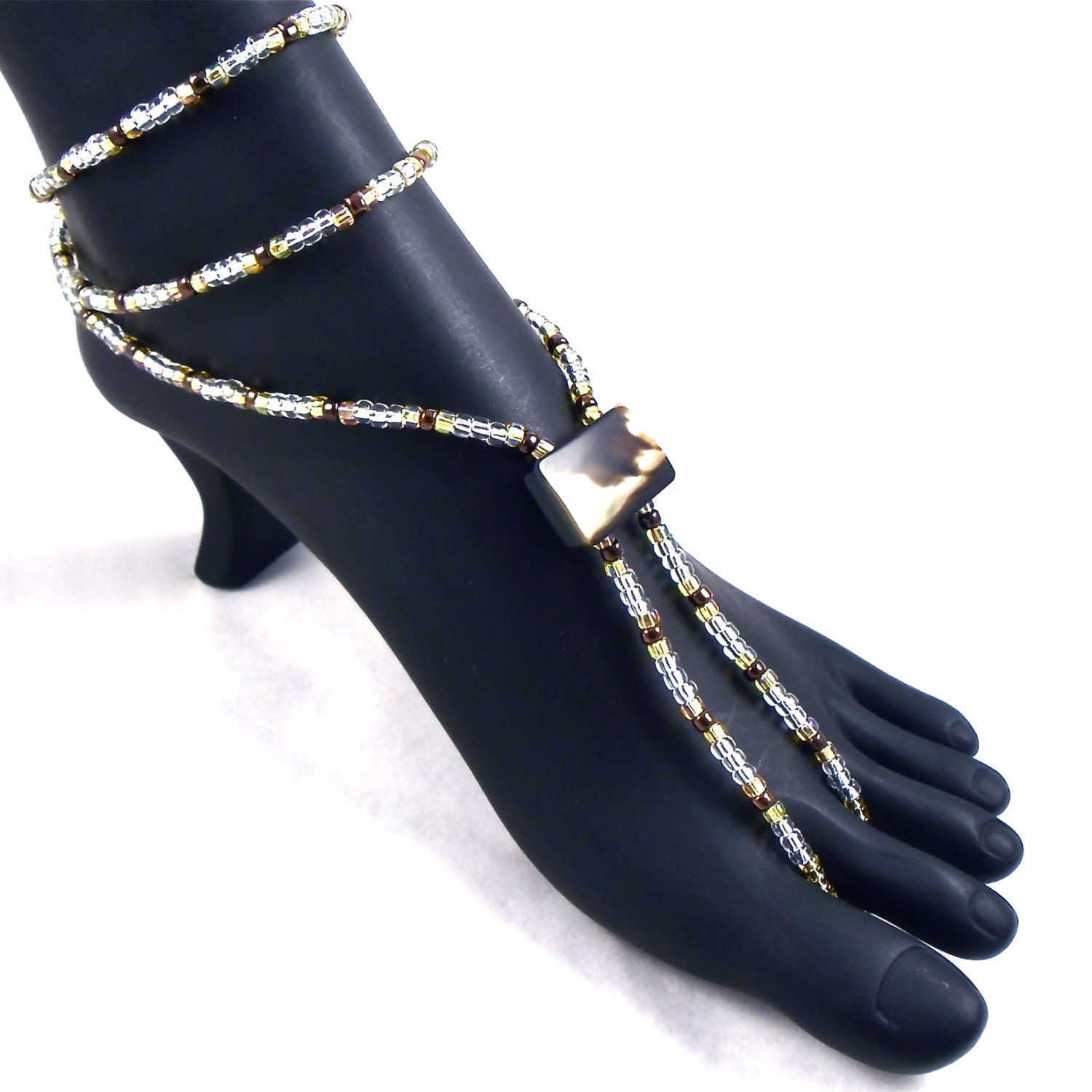 Brown Lip Shell Barefoot Sandals Ankle Bracelet Foot Jewelry Beaded Anklet Toe Ring - Made to Order