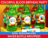 Colorful Block Birthday Party - Water Bottle Wrappers & Bonus: Straw Flags NonPersonalized Printable // Colorful Block - B22Ne