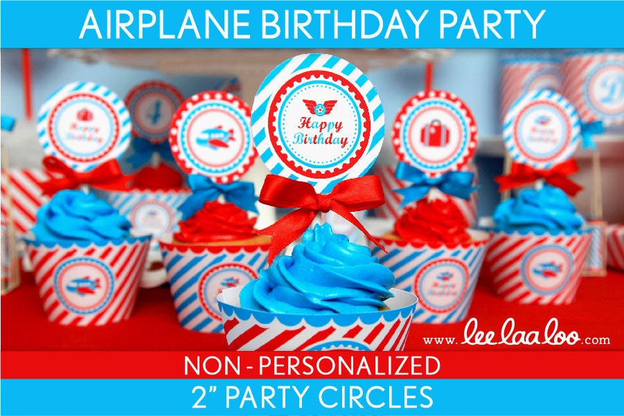 Airplane Birthday Party - 2 inch Party Circles & Bonus: Cupcake Wrappers NonPersonalized Printable // Airplane - B33Nd
