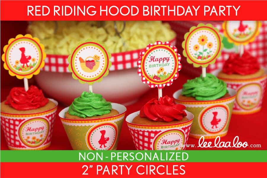 Red Riding Hood Birthday Party - 2 inch Party Circles & Bonus: Cupcake Wrappers NonPersonalized Printable // Red Riding Hood - B37Pz2