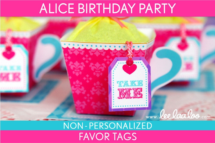 Alice Birthday Party - Favor Tags & Bonus: Favor Box NonPersonalized Printable // Wonderland Tea Party - B40Nk