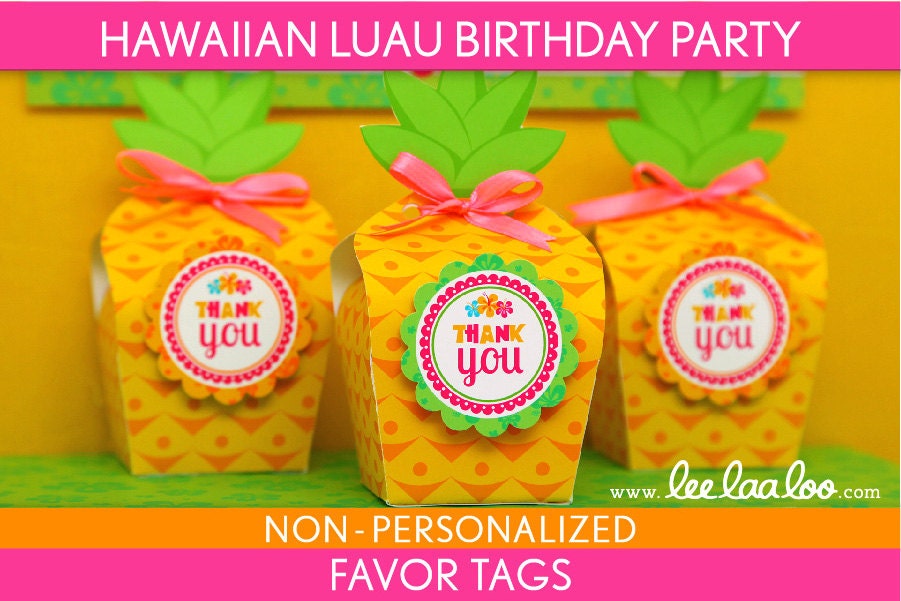 Hawaiian Luau Birthday Party Favor Tags & Bonus: Favor Box NonPersonalized Printable // Hawaiian Luau - B45Nk