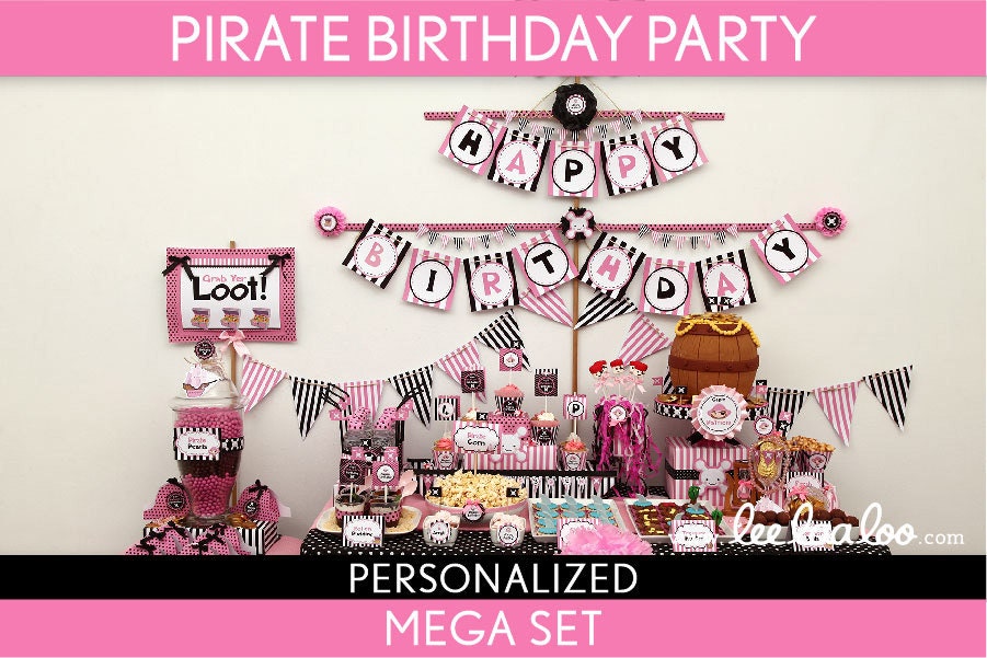 Pirate Birthday Party Package Collection Set Mega Personalized Printable // Pirate Girl Pink Black - B10Pz2 Il_570xn