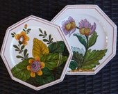 2 Italian Majolica Plates. Hand-Painted Flowers. Octagon Shape. Bassano, Italy. Vintage 1960s.