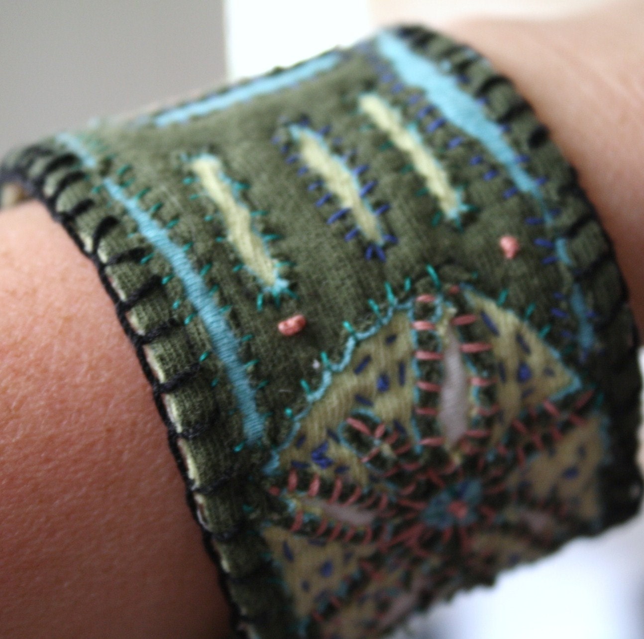 wrist cuff, Eco friendly, upcycled, OOAK, Mola design, reverse applique