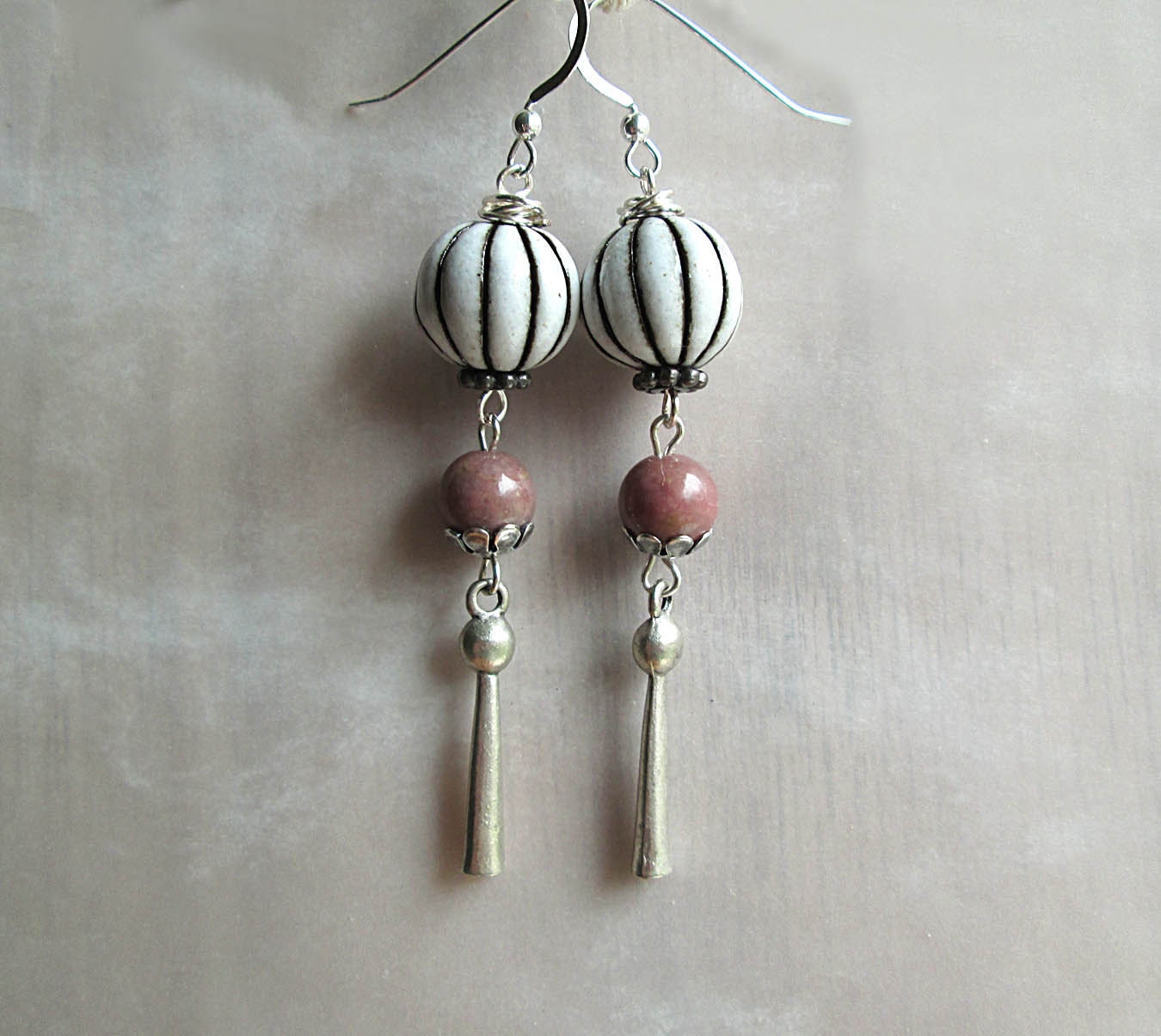 Black White Earrings, Pink, Ceramic Beaded Earrings, Beadwork Earrings, Dangle Earrings, Black Silver Earrings