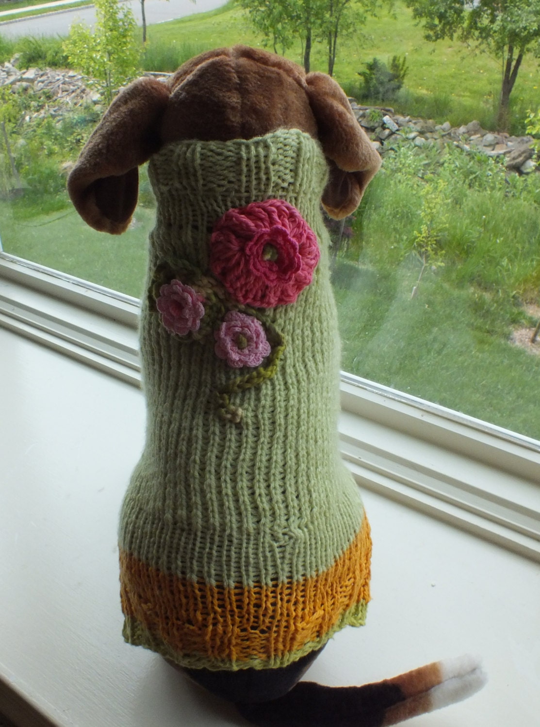 Dog Sweater Hand Knit Springtime Medium 13.5 inches long
