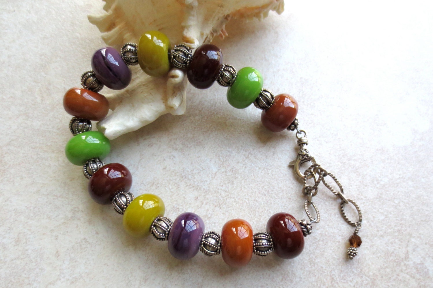 Colorful Beaded Bracelet, Handblown Glass Beads, Plum, Apple Green, Mustard, Chestnut, Adjustable Silver Bracelet, Extender Chain