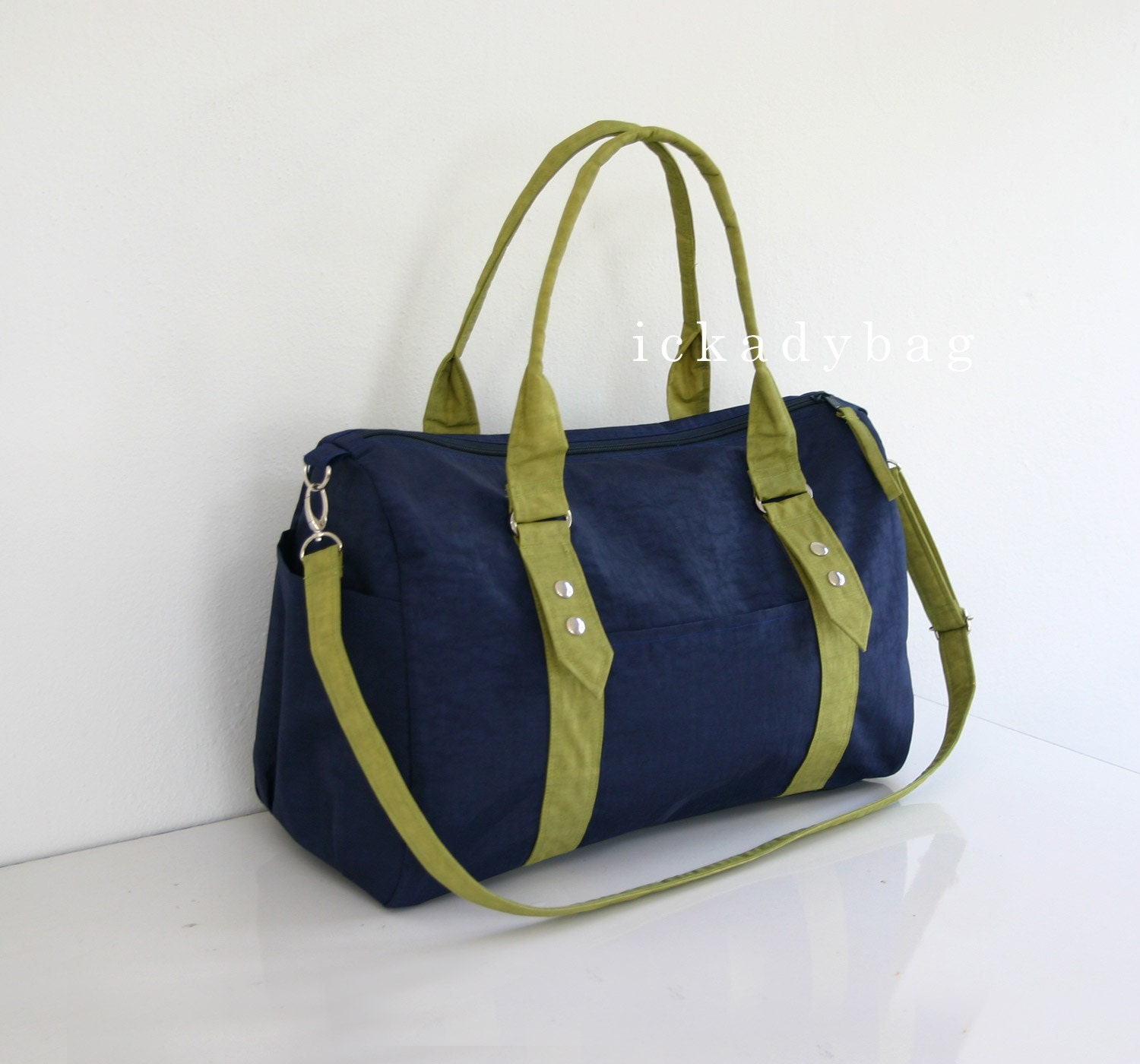 SALE Duffel Bag / Diaper Bag in Navy blue & Pear Green Water-resistant Nylon / Gym, Travel Tote / Messenger / Duffel / Shoulder bag