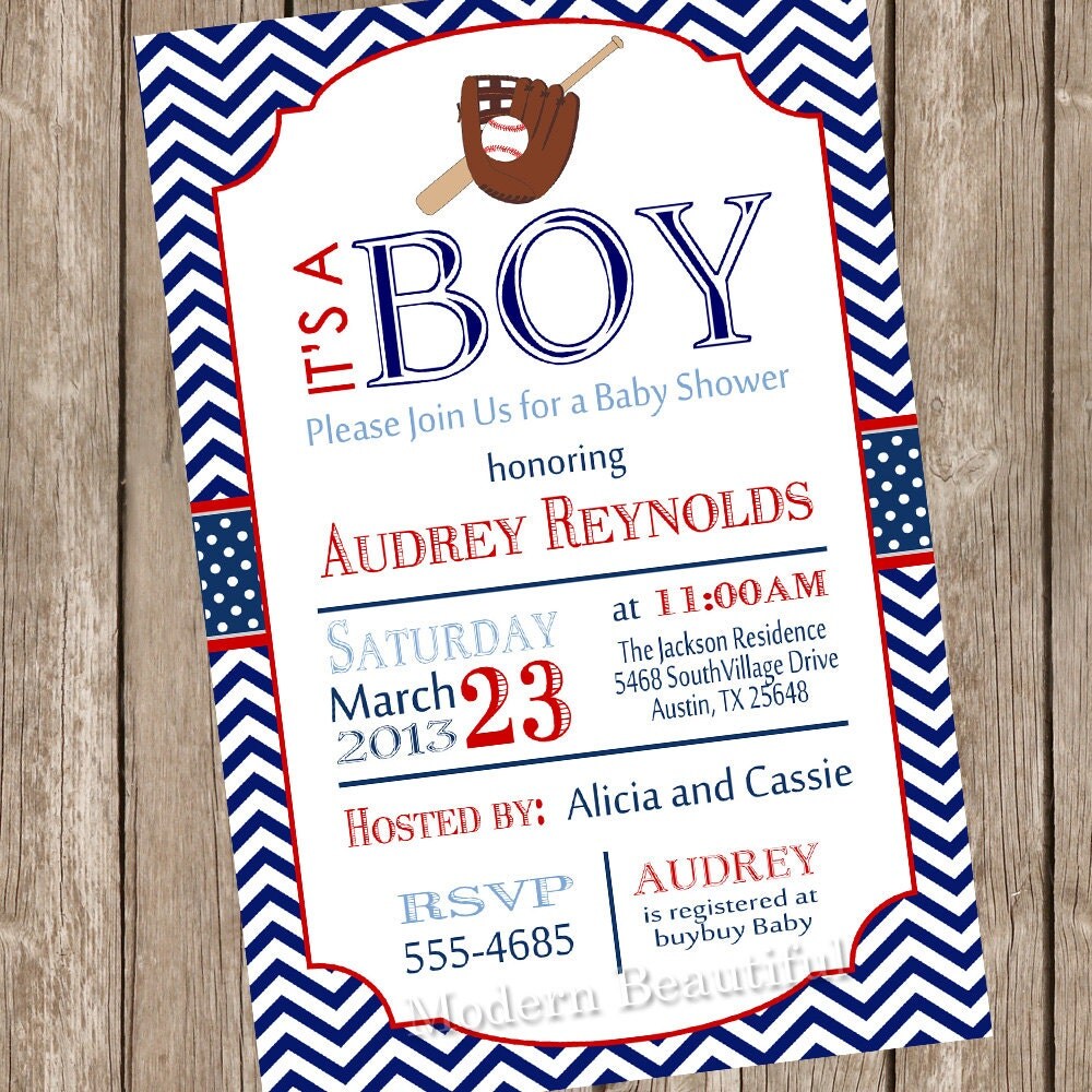 Chevron Baseball baby shower invitation, red, blue, baseball, digital ...