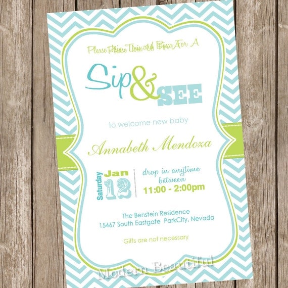 Sip and See Baby Shower Invitation Green and Blue Chevron Printable Personalized 20121228-K1-1E Il_570xn