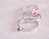 Red Poppy and Gemstones Stacking Rings Sterling Silver (Size 5.5)