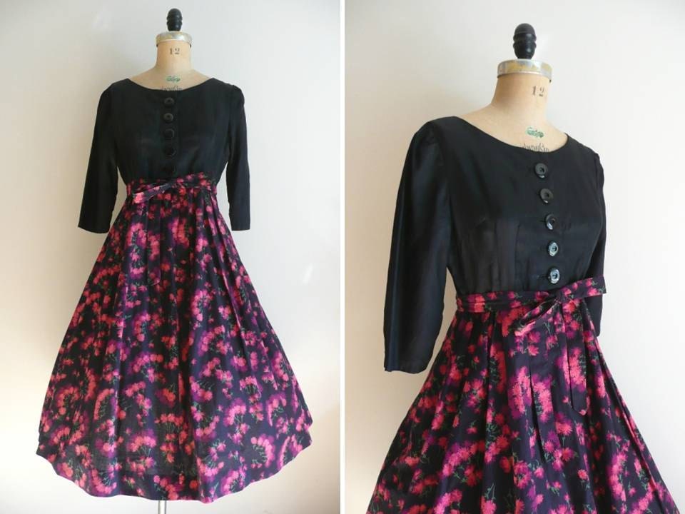 Vintage 1950s Floral Dress 50s Pink and Black New Look