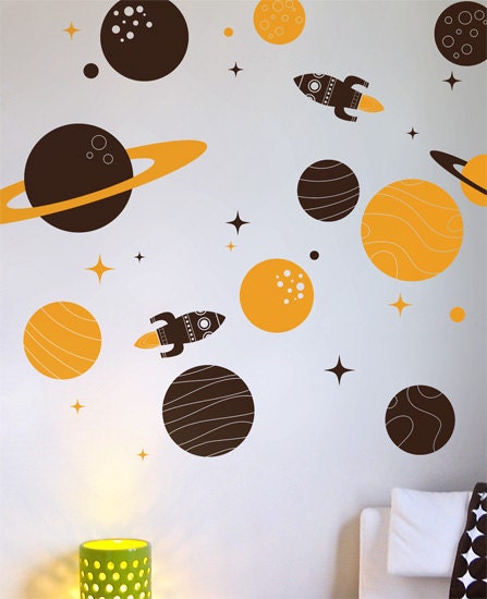 Wall decals children vinyl stickers - Pack of 11 Planets with stars and two FREE rockets
