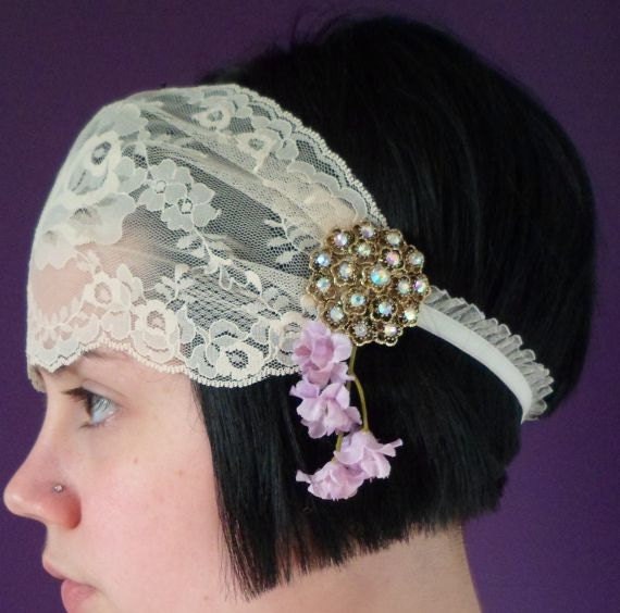 1920s Inspired Hair Band - Lace with Rhinestone Brooch and Flowers