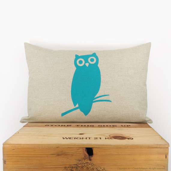 Owl pillow - Decorative throw pillows - fresh decor - Owl print in turquoise and natural beige - 12x18 lumbar pillow cover