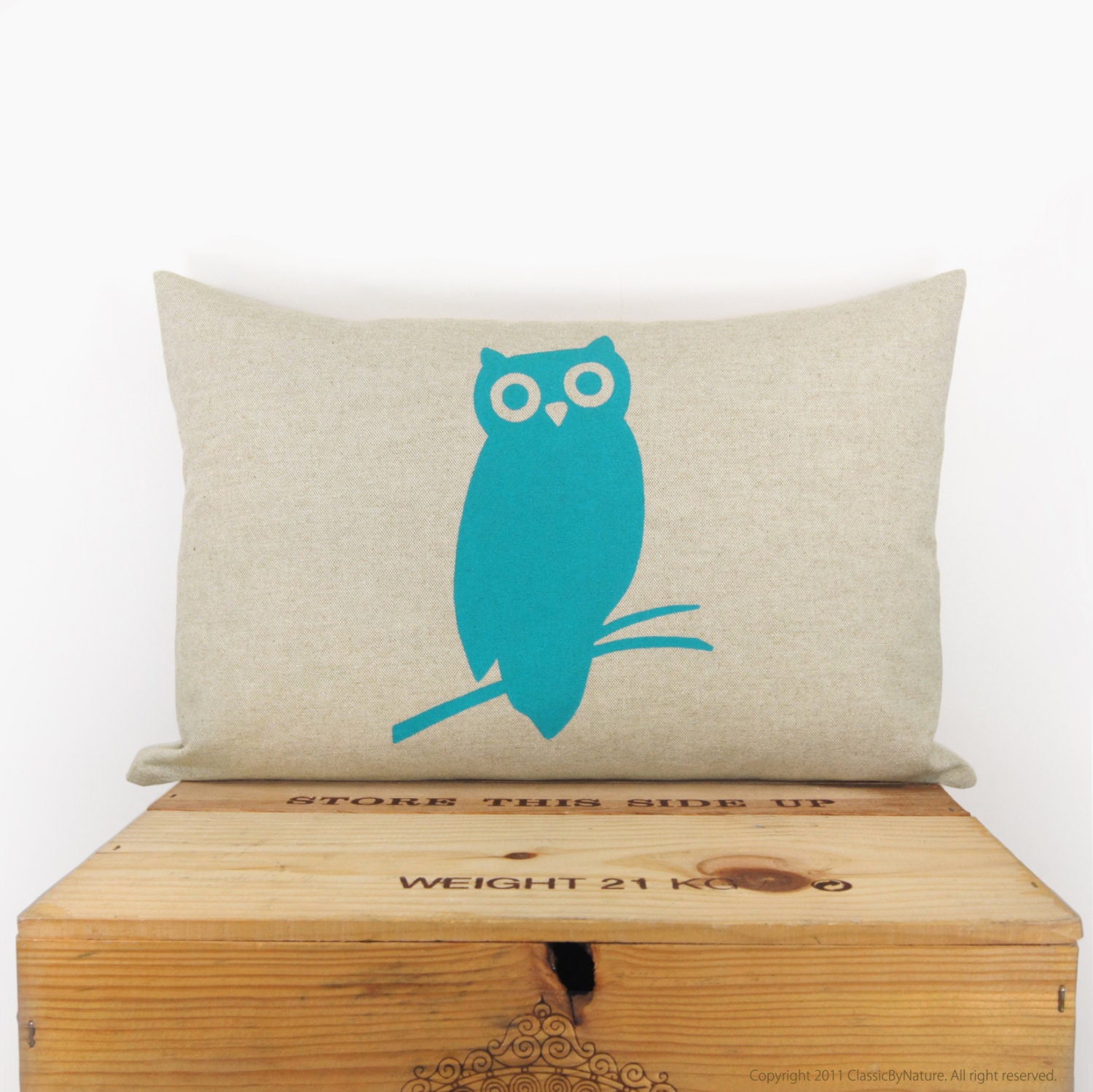 Owl pillow - Decorative throw pillows - fresh decor - Owl print in turquoise and natural beige - 12x18 lumbar pillow cover