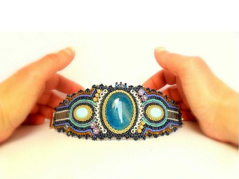 Bead Embroidery Bracelet/Beadwork Bracelet with Light Blue Agate