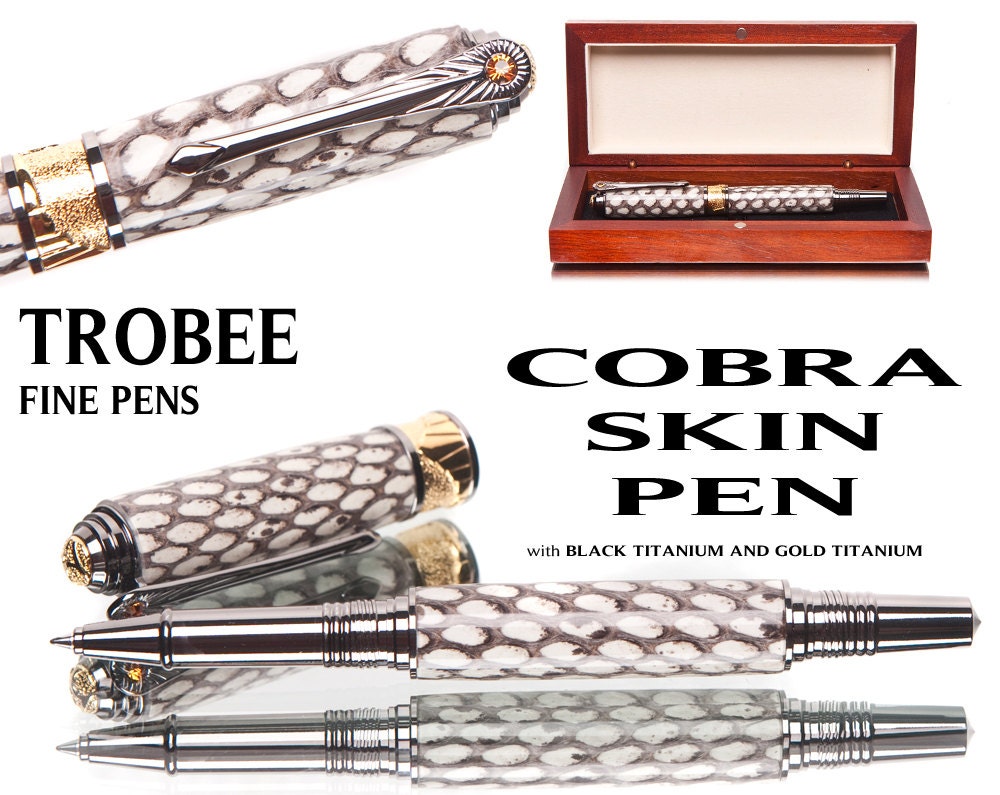 Cobra skin pen gift for a man. Black titanium and gold with solid wood case