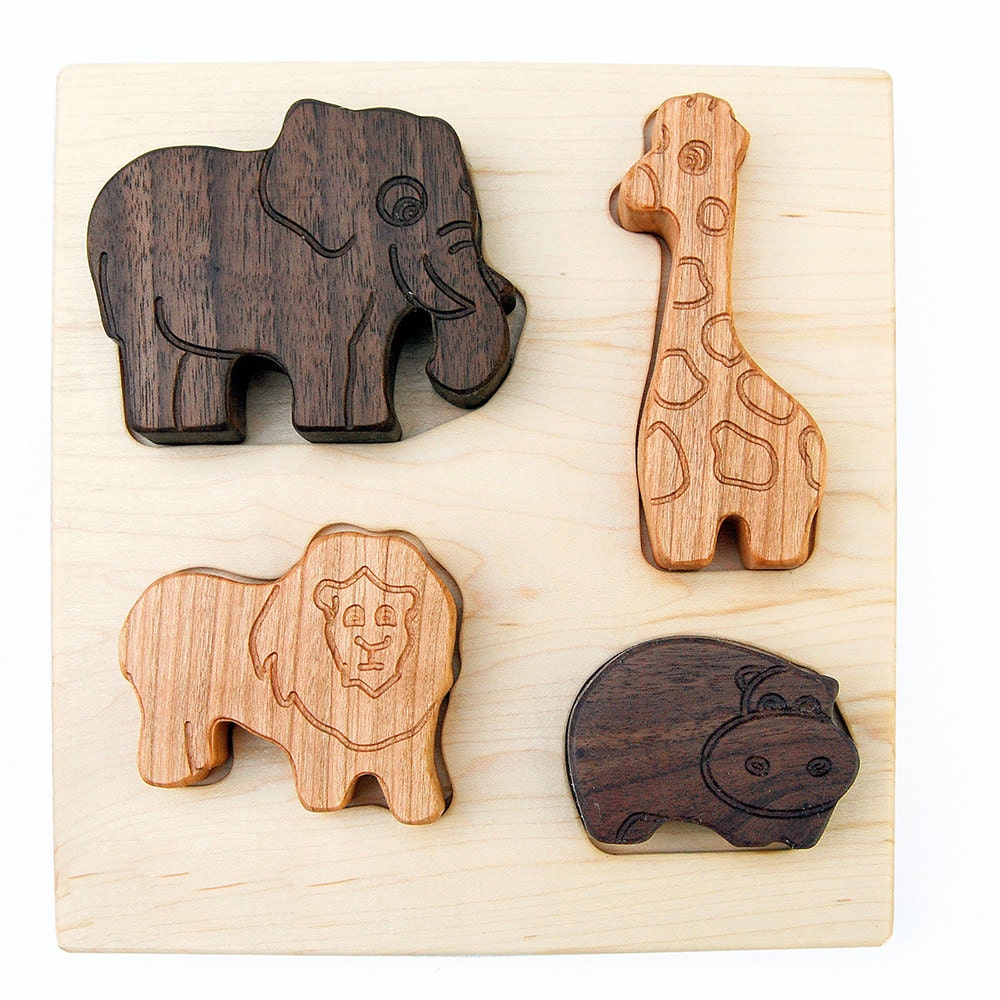 Safari Animals Puzzle, organic chunky wood puzzle for babies and toddlers