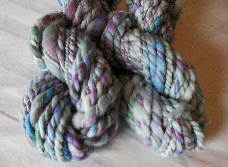 Hand-Dyed, Thick and Thin 2-ply Wool Handspun Art Yarn, Extra Bulky, Soft and Squishy, 3.5 oz, 25 yards, Summer Storm, Doll Hair