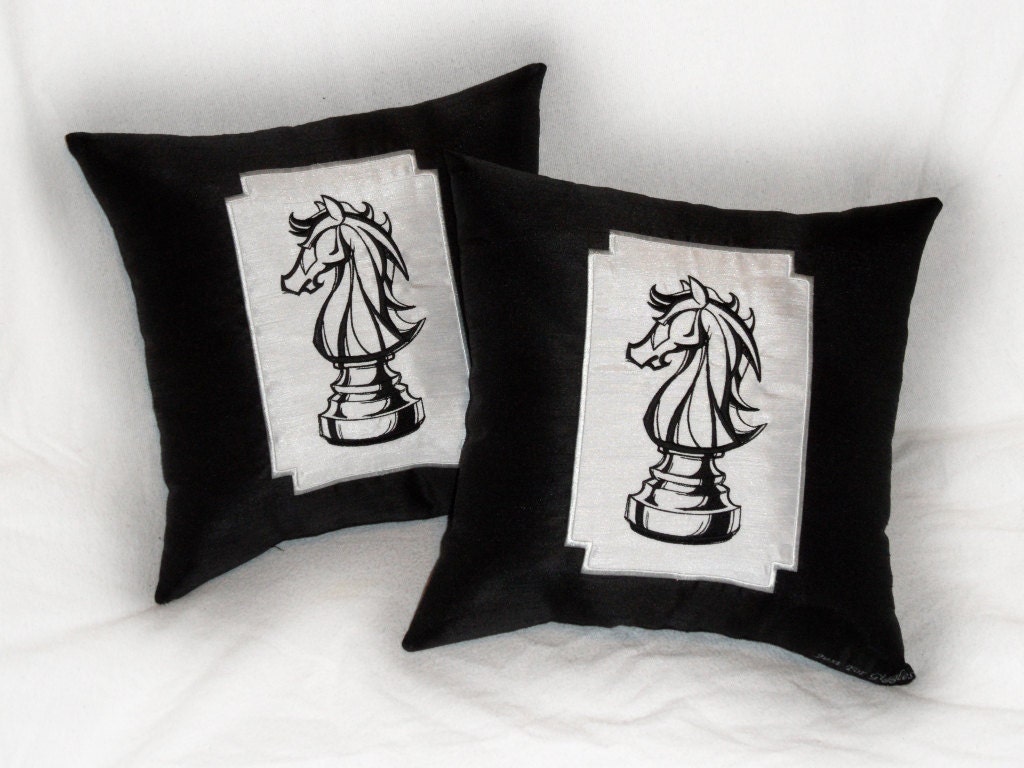 Knight Pillow Set "Your Move" 14x14 inch decorative silk pillows (set of 2)