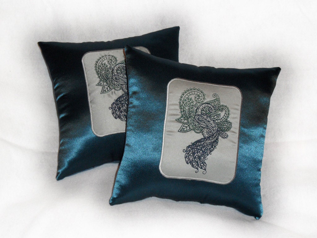 Mendhi Peacock throw pillow (Set of 2) in teal blue 14x14 inch decorative pillows