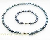 7-7.5mm aaa grade peacock akoya genuine pearl jewelry set 17inch necklace & 7.5 inch bracelet 14k--everyday jewelry--fine Christmas Gift