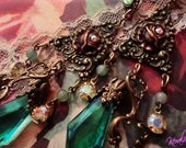 Antique Rose Emerald Green Chandelier Earrings - Renaissance, Victorian, Vintage Red Roses, Aurora Borealis Crystal- MTO