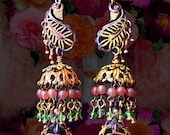 Exotic Paisley Earrings, Bohemian Ethnic, Pink Coral Gemstone Beaded Jhumka, Colorful Hand-Painted Jewelry, East Indian Bollywood- MTO