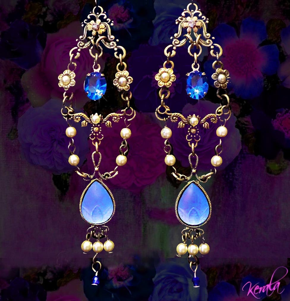 Victorian Chandelier Earrings- Sapphire Jewel and Creme Pearl - Antique, Vintage, Feminine,Edwardian-MTO