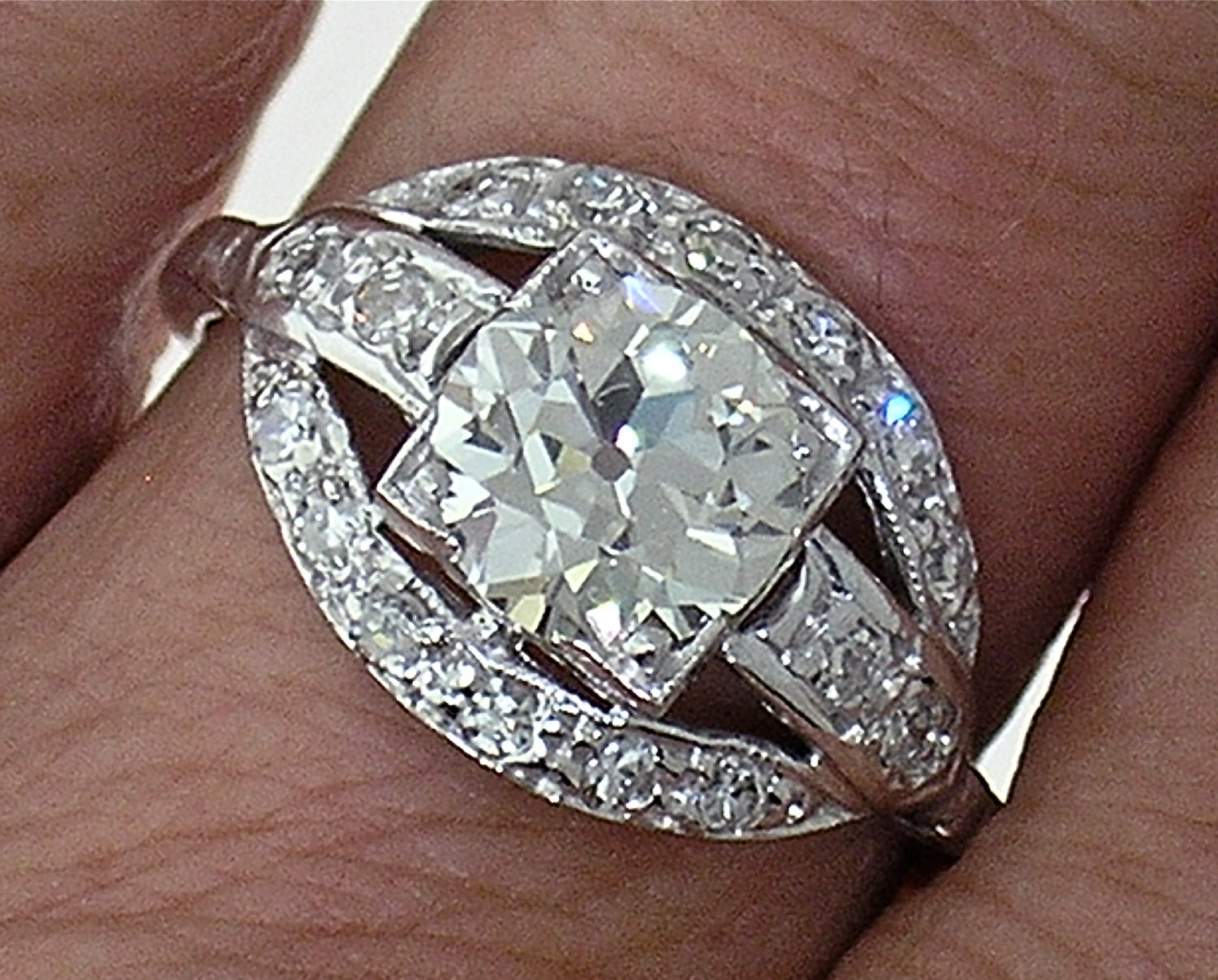 Art Deco Platinum 1.34ct Old European Cut center (k color VS1 clarity) EGL Certificate