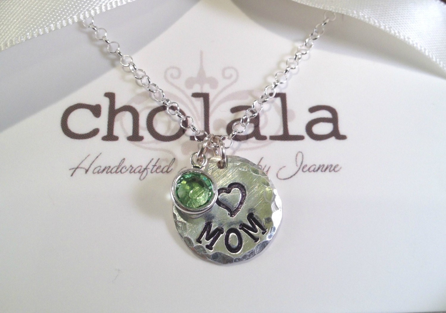 Handstamped necklace - MOM with a heart on Sterling Silver tag and Swarovski crystal and chain