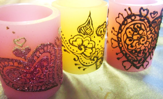 LED Love Lights Henna and Glitter Painted Votive Candle Set Valentines Day SALE