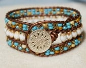 Beaded leather cuff bracelet, Picasso bohemian beaded leather wrap cottage boho shabby chic trendy jewelry rustic bone Turquoise, yellow