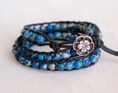 Blue gemstone Bohemian beaded leather wrap bracelet, 3x Wrap, boho chic, Chan Luu style, triple, trendy jewelry, flower button, cottage chic