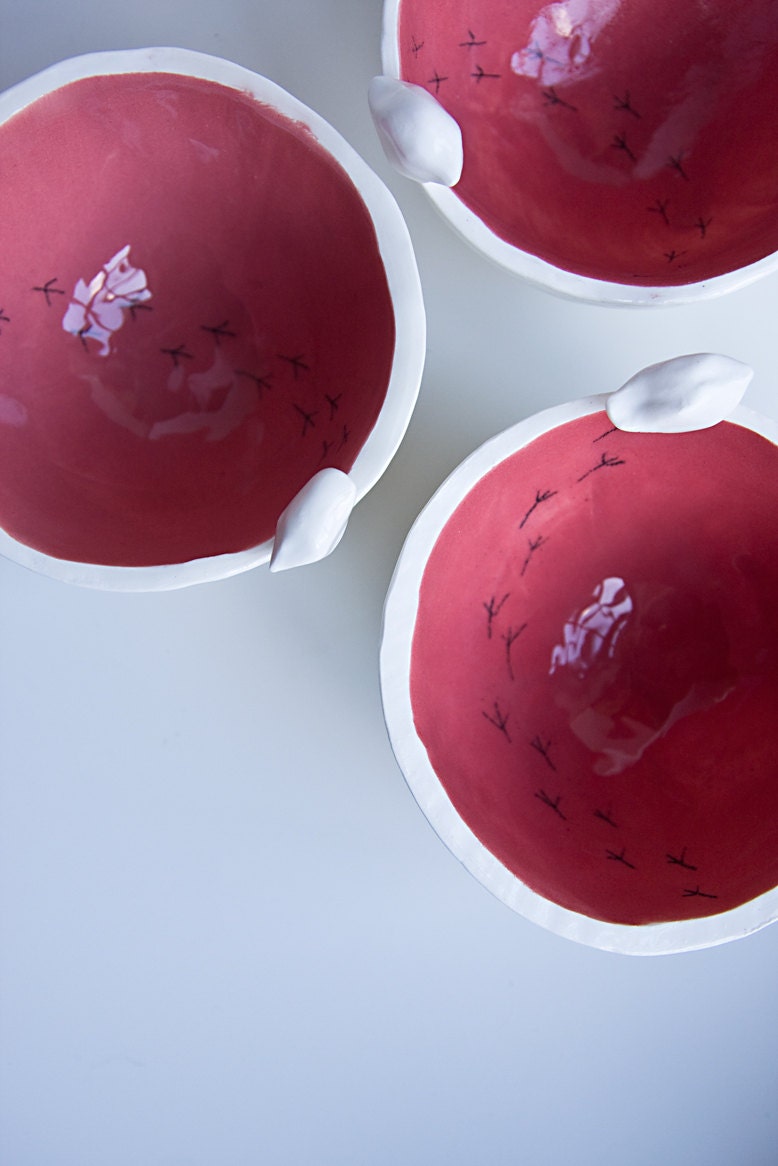 small ceramic bowl, white and red, bird bowl, kitchen and home decor, trinket dish, modern minimalist pottery handmade in Ireland