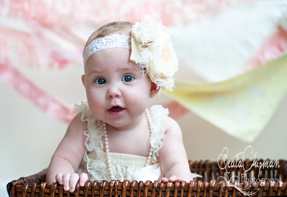 All Cream Couture Baby Headband, Baby Flower Headband, Children, Photo Prop, Special Occasion / Stunning Cream Baby Headband - lepetitejardin