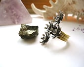 Jardin Noir Abstract Moonstone and Quartz Handmade Blackened Flowers Recycled Silver Steampunk Goth vampire woman's ring