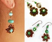 Upcycled Turquoise Glass, Jade Glass or Vintage Peridot Rhinestone and Vintage Copper 2" Dangle Earrings, 3 Variations, Your Choice