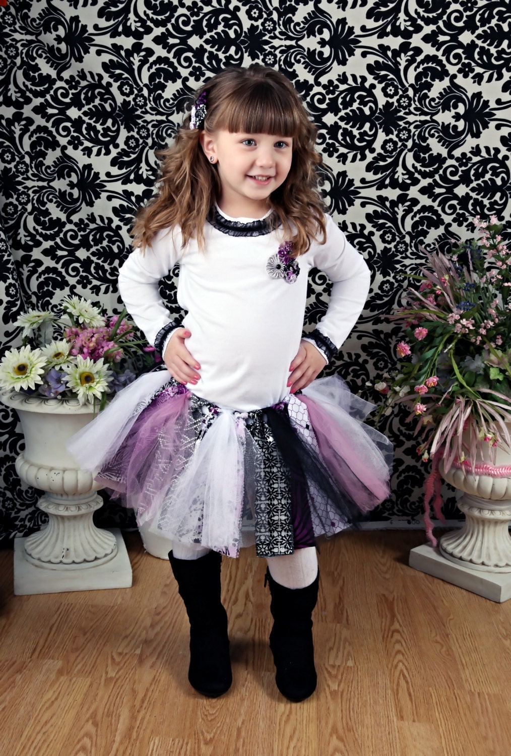 Fabric and Tulle Tutu Skirt and Hair Bow or Headband, Vintage/Shabby Chic Look