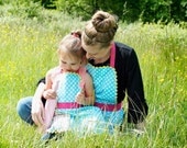 Mother Daughter Full Apron Set, Retro Robin Blue, Polka Dots with Rainbow Stripes, All sizes