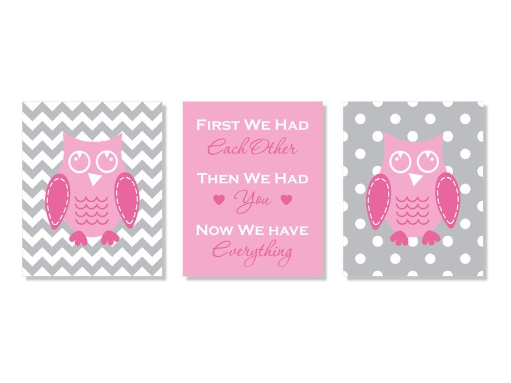 Modern Chevron Owl Polka Dot Trio - Set of Three 8x10 Nursery Prints - Kids Wall Art - First We Had Each Other, Then We Had You