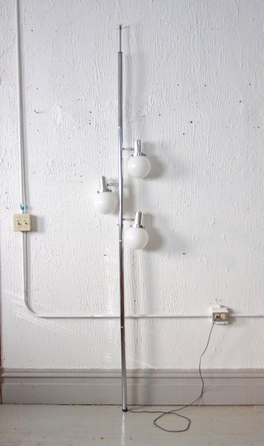 Mid Century Modern Chrome and White Glass Tension Floor Lamp - 50s 60s Mod Mad Men - Atomic- Sonneman
