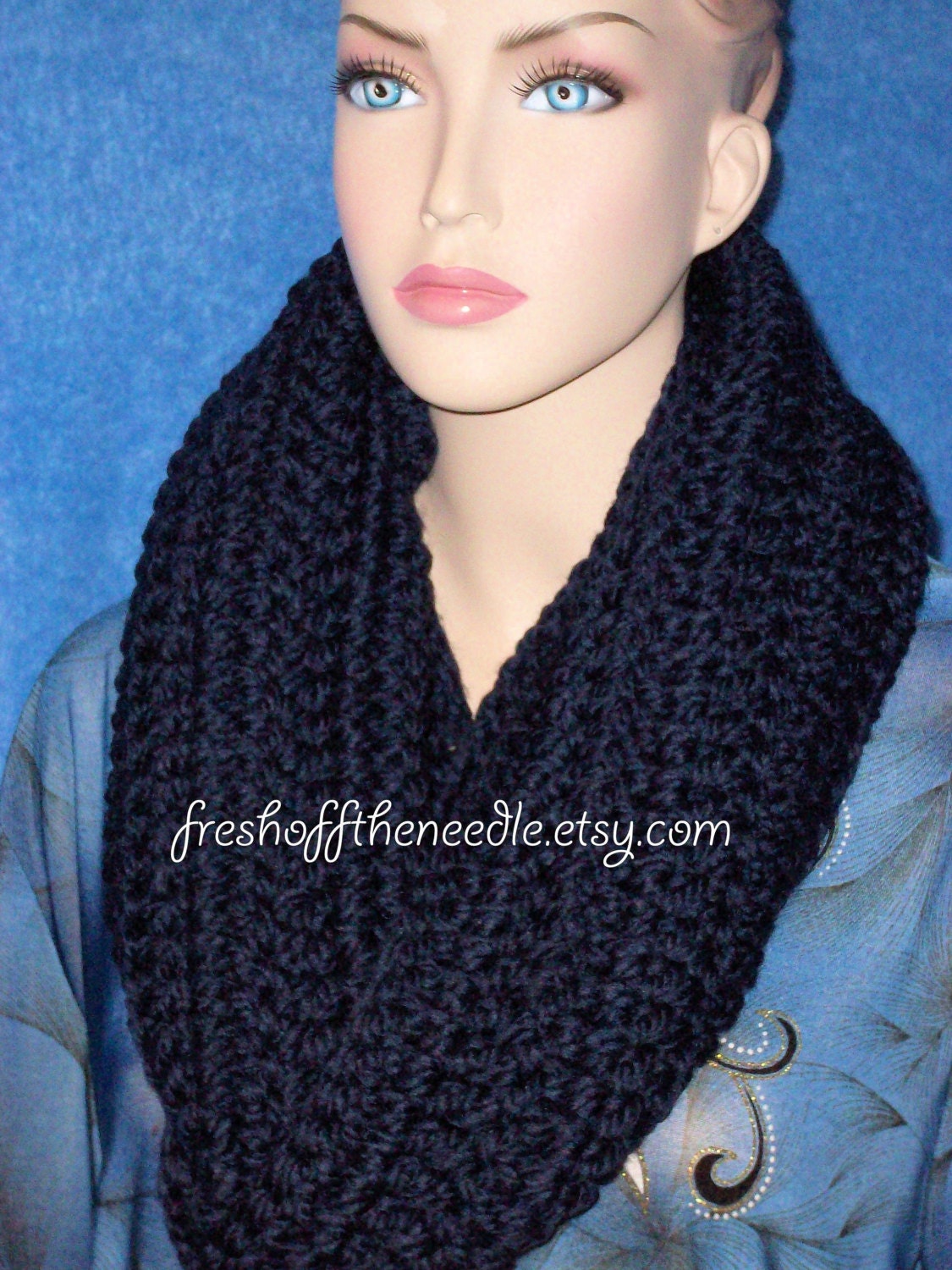 Chunky Infinity Scarf Navy Blue Handmade Crocheted Unisex