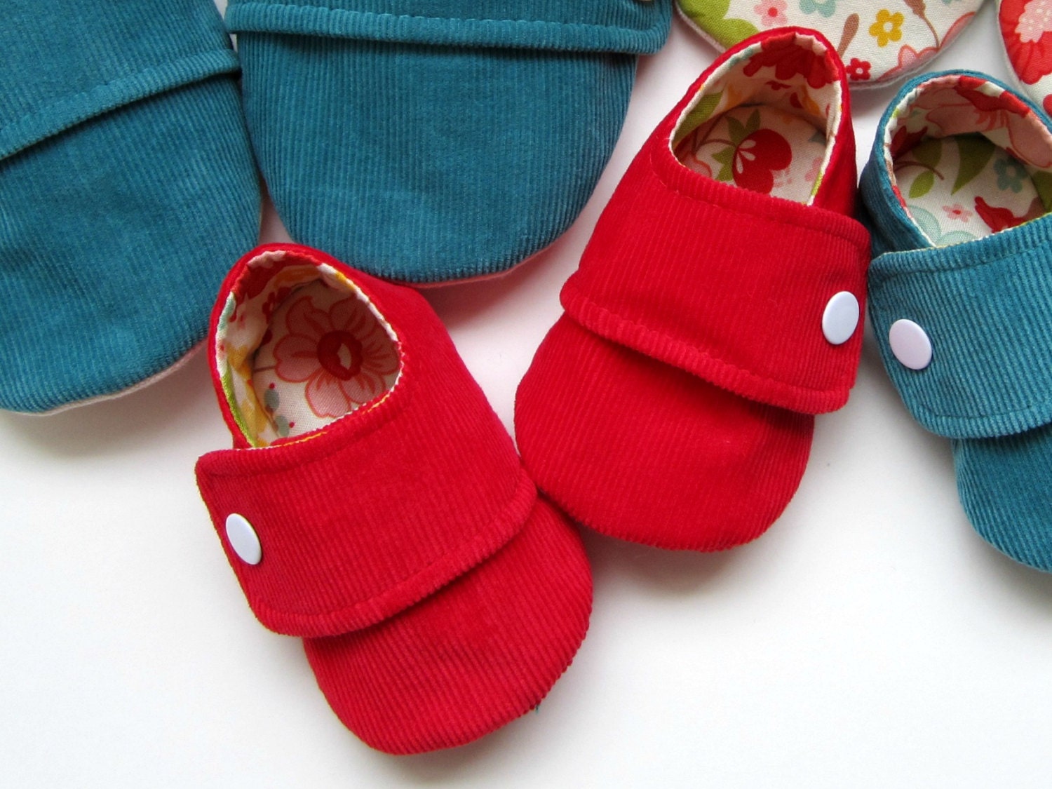 Baby Booties in Red Corduroy and Floral Cotton - Sizes 1-4