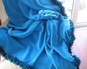 Turquoise blue royal blue Handmade lap robe-  warm fleece BABY blanket -large winter Shawl - sofa throw - twin size bedspread