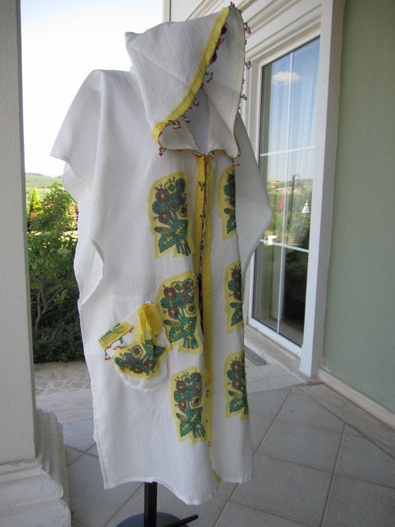 Hood CAFTAN beach dress-woman clothing swimsuit cover up-off White cotton summer-boho-maxi-long-woven-Turkish OYA lace flower crochet trim