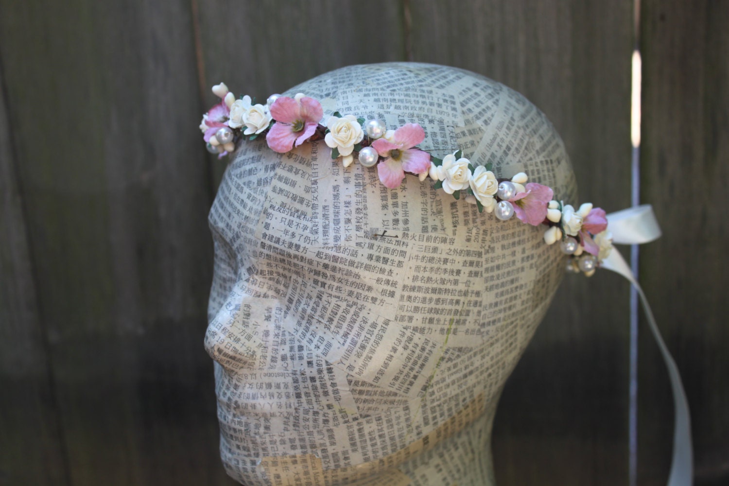 Custom Listing for Tara - Ivory Rose, Pink Blossom and Pearl Flower Crown. Bridal Head Piece, Circlet, Wedding Hair Accessory